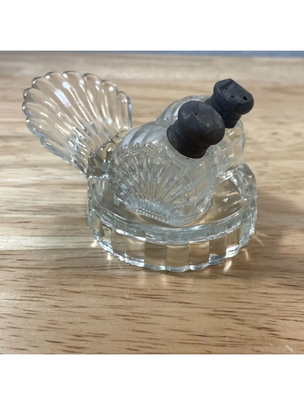 Vintage Mini Art Deco Clear Glass Salt and Pepper Shakers with Seashell Holder